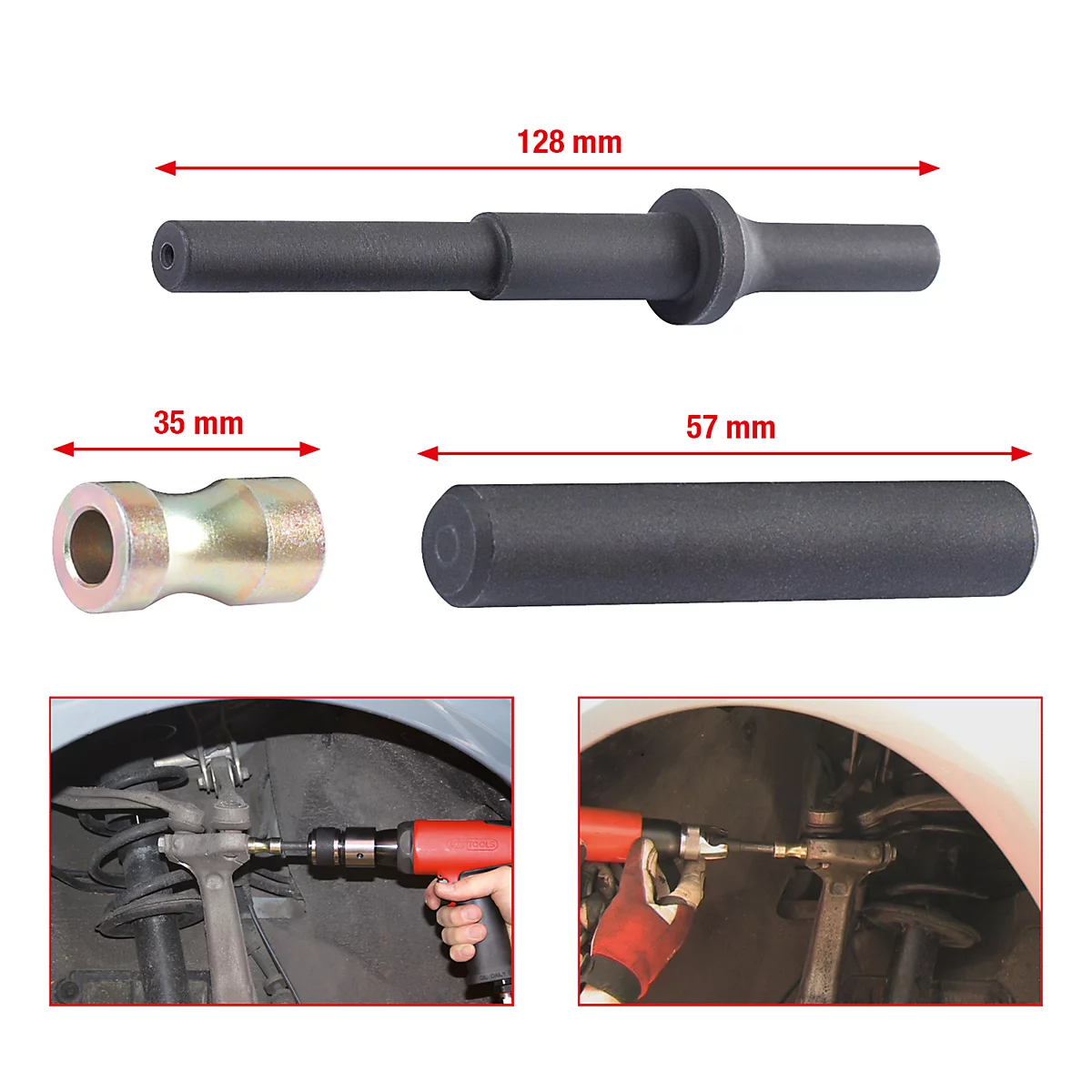 Werkzeug zur Fahrwerk Reparatur. Verschiedene Werkzeuge, ein Radaufhängung Detail und zwei Anwendungsbeispiele.